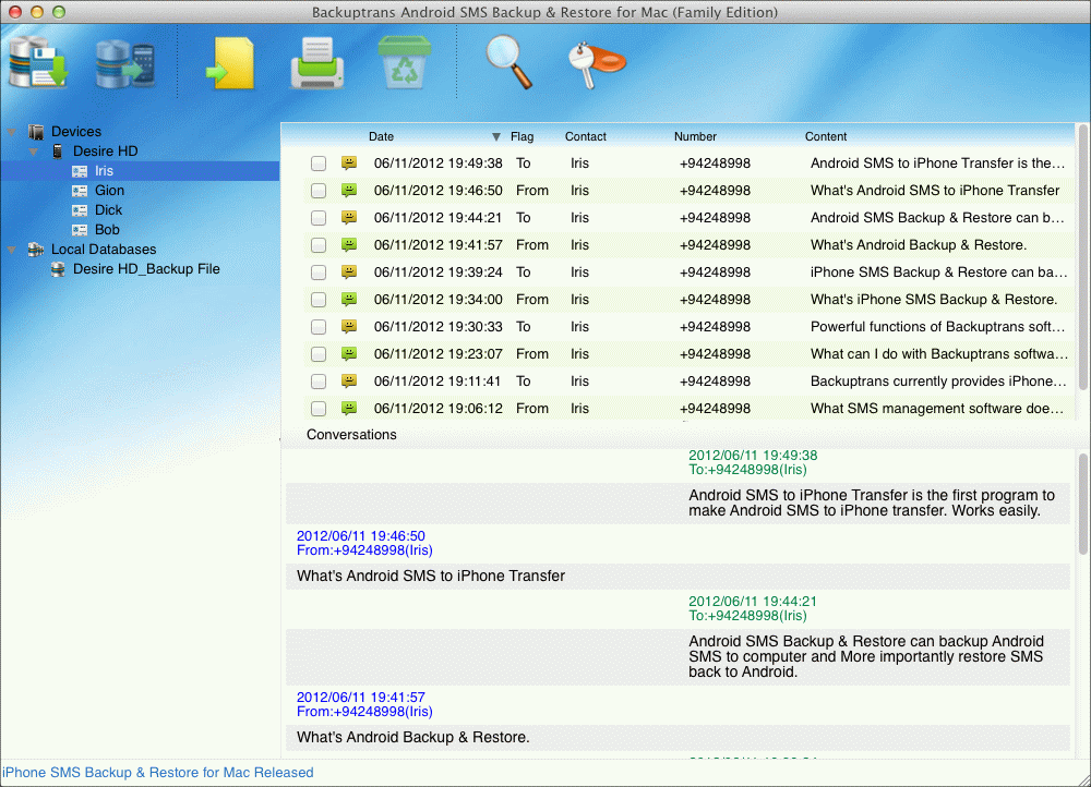 Screenshot of Android SMS Backup & Restore for Mac 2.7.01