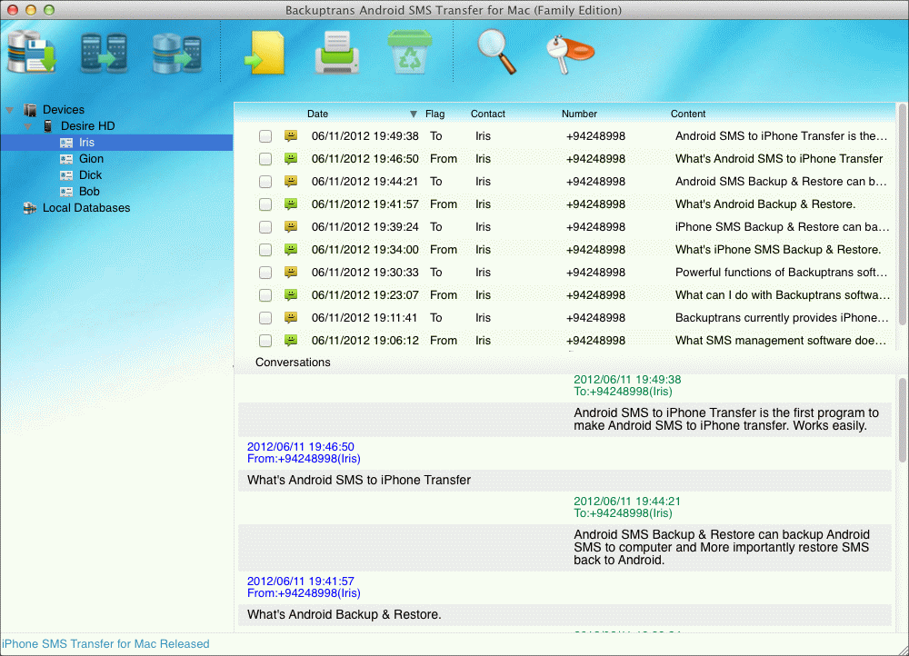 Screenshot of Android SMS Transfer for Mac 2.7.01