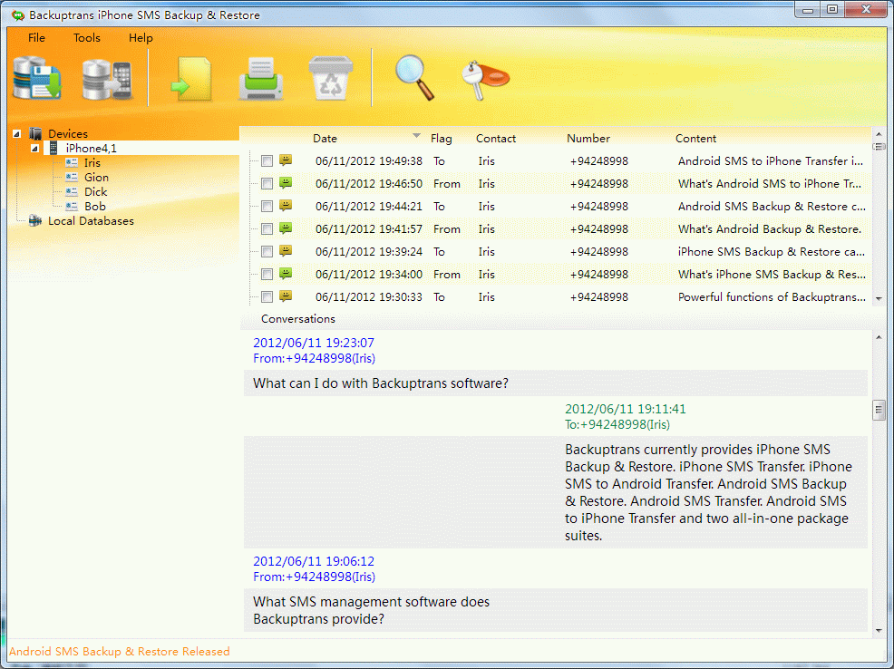 Click to view Backuptrans iPhone SMS Backup & Restore 2.6.01 screenshot