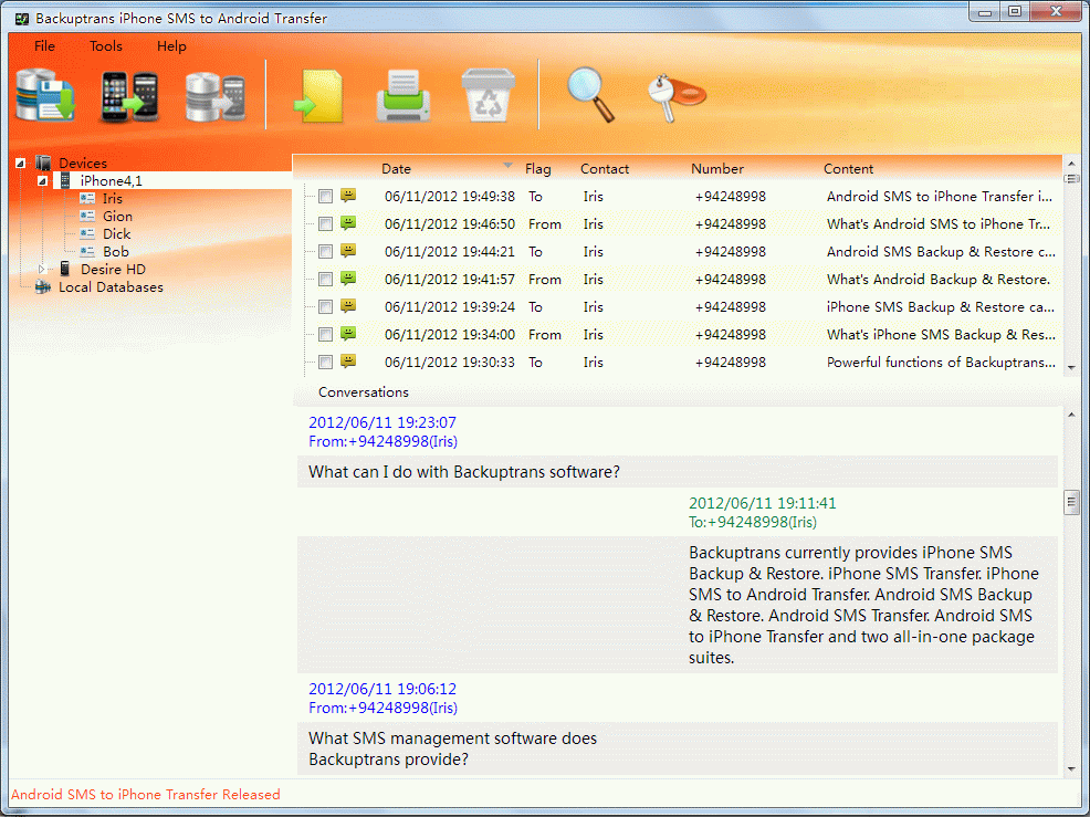 Click to view iPhone SMS to Android Transfer 2.6.01 screenshot
