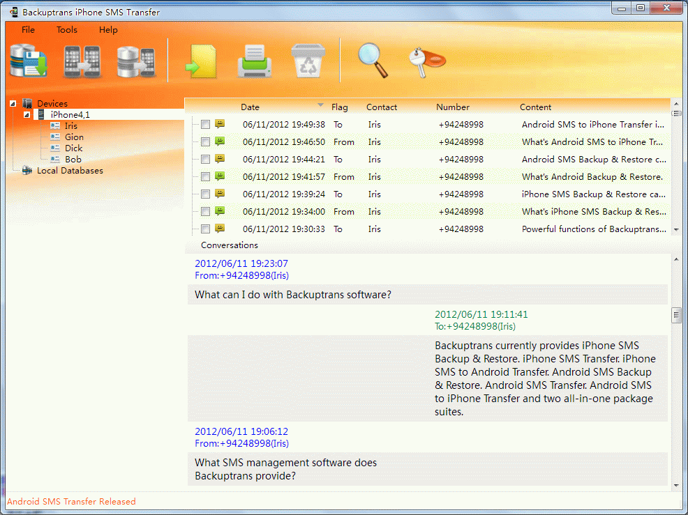 Screenshot of Backuptrans iPhone SMS Transfer