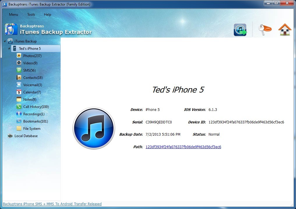 Backuptrans iTunes Backup Extractor screenshot