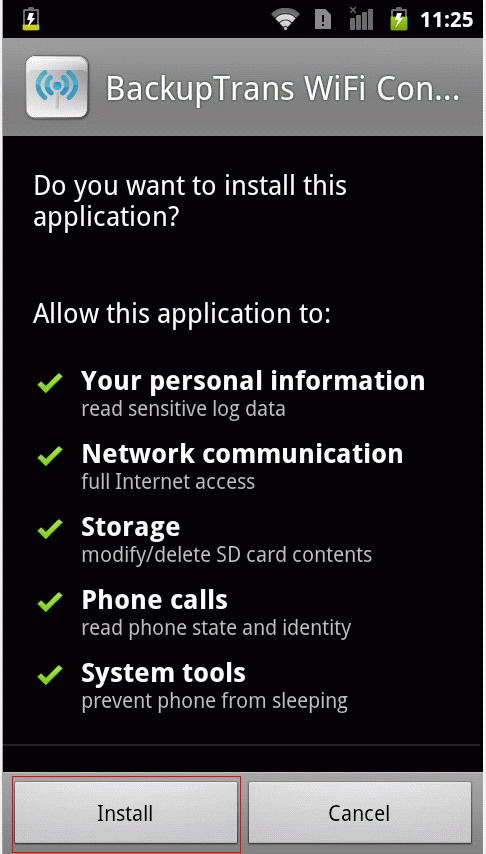 Install Backuptrans WiFi Connection on Android