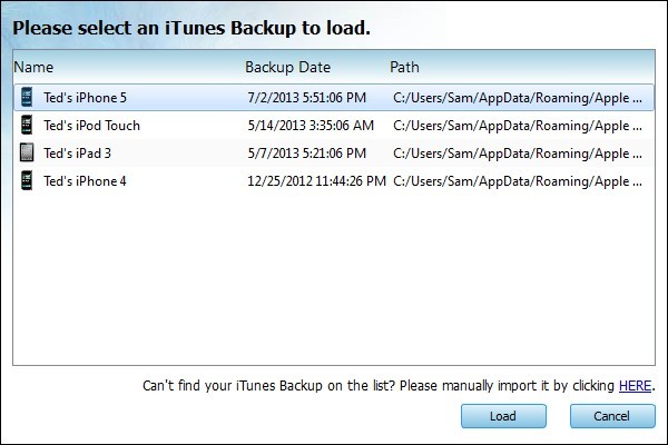 Recover iPhone Call History from iTunes Backup - Load