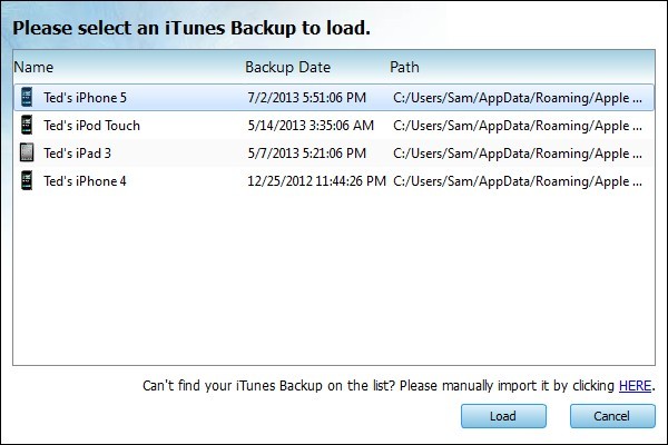 Recover deleted or lost iPhone Contacts from iTunes Backup - Load