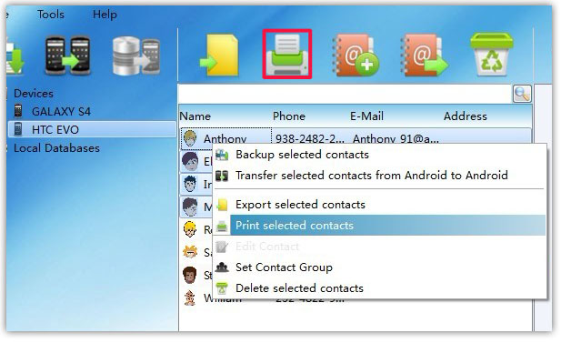 print selected Android Contacts from PC