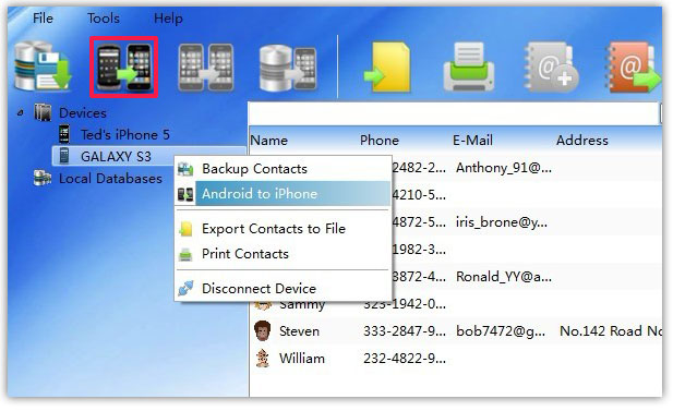 transfer all Contacts from Android to iPhone on PC
