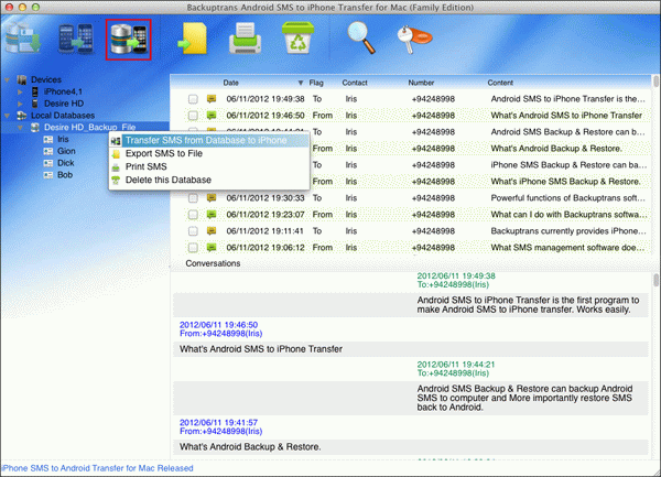 transfer Android SMS messages from Mac database to iPhone