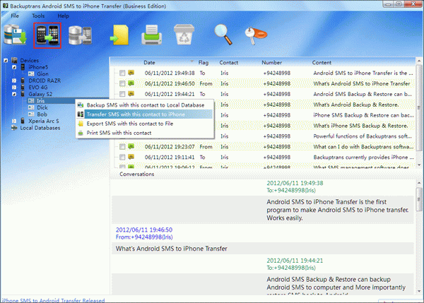 transfer Android SMS messages with single contact to iPhone 5