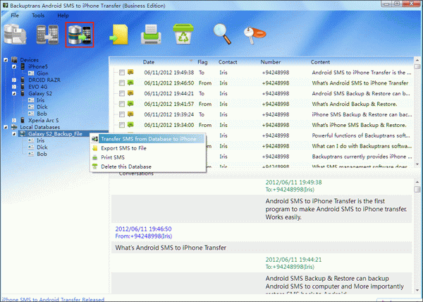 transfer Android SMS messages from database to iPhone 5