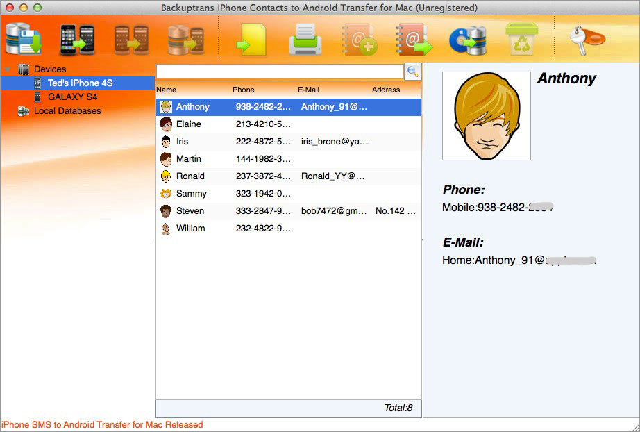 iPhone Contacts to Android Transfer for Mac Screenshot