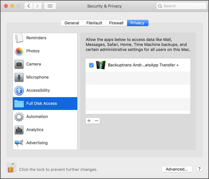 Granting access to iTunes backup files