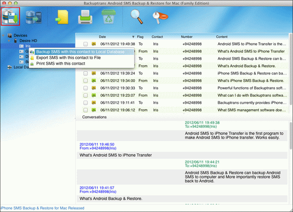 backup Android SMS with a single contact to Mac