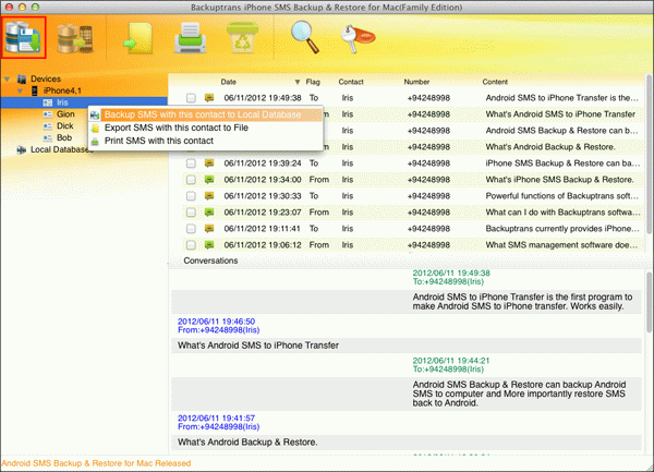 backup iPhone SMS with a single contact to Mac