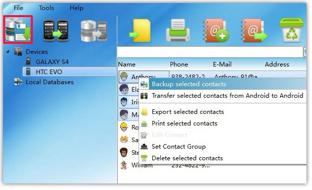 backup selected Android Contacts to PC