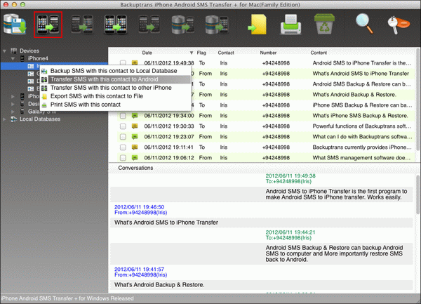 copy iPhone text messages with single contact to Android on Mac