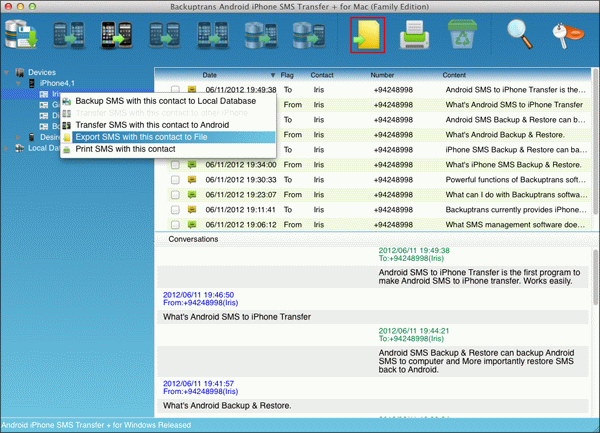 Copy text messages with single contact from Android to file on Mac