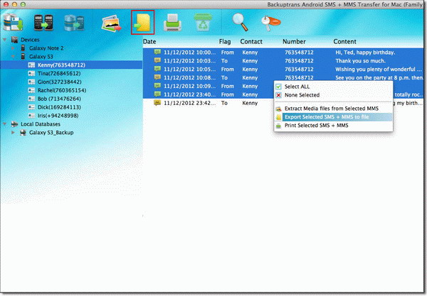 copy selected SMS and MMS from Android to file on Mac