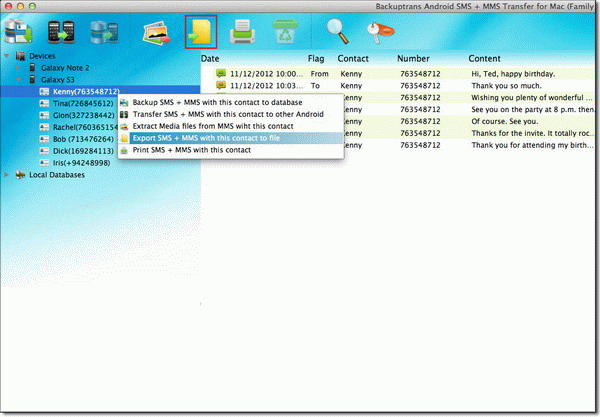 copy SMS and MMS with single contact from Android to file on Mac