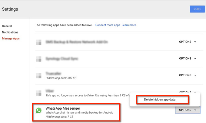 disconnect whatsapp messenger from google drive