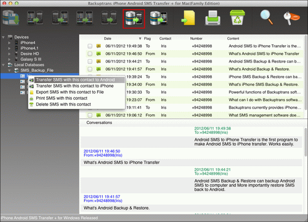 Download text messages with single contact to Android from Mac