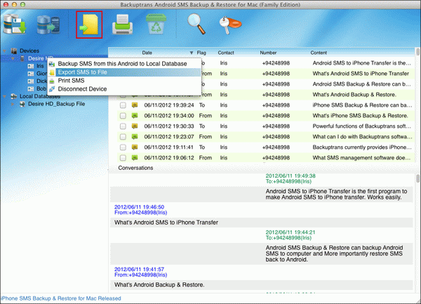 export all Android SMS to document file on Mac