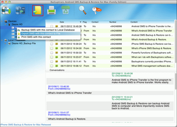 export Android SMS with a single contact to document file on Mac