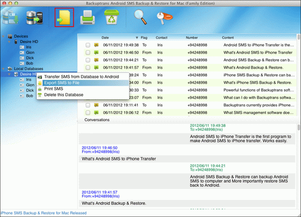 export Android SMS to document file from Mac database