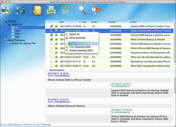 export selected Android SMS to document file on Mac