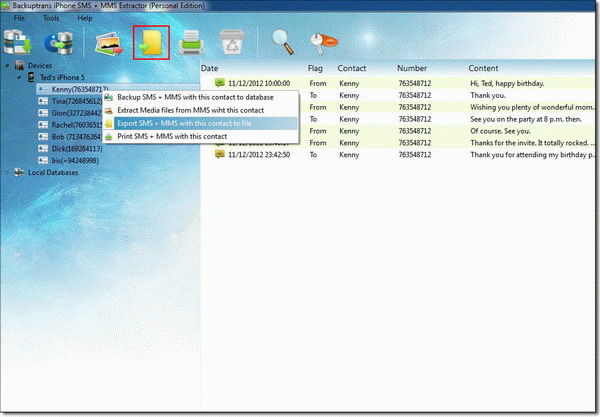 export iPhone SMS & MMS with a single contact to PDF, CSV, TXT or HTML
