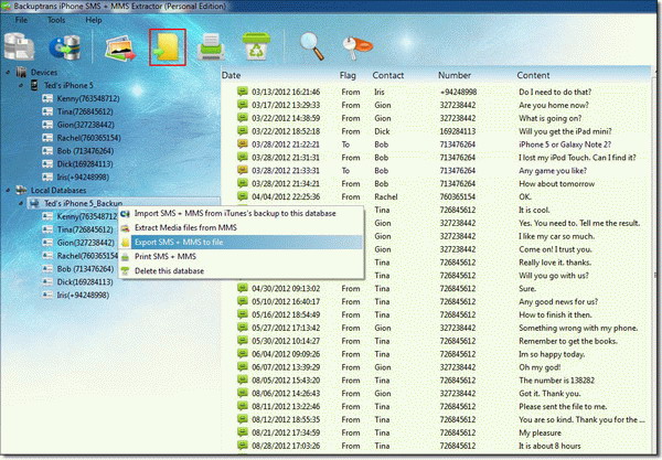 export iPhone SMS & MMS to PDF, CSV, TXT or HTML from database