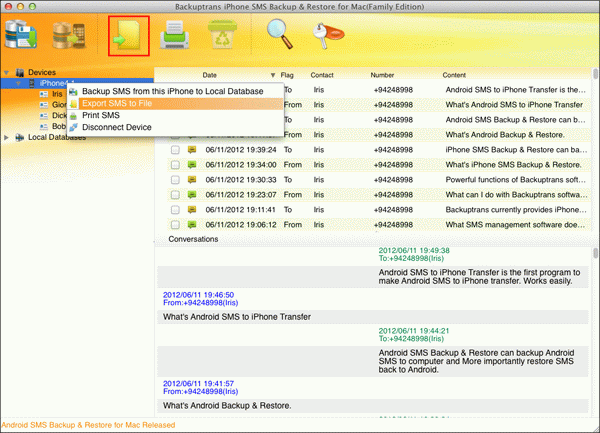 export all iPhone SMS to file on Mac