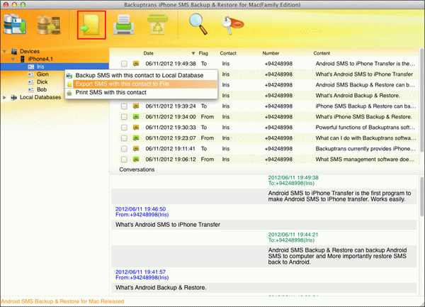 export iPhone SMS with a single contact to file on Mac