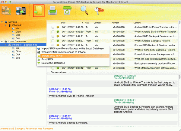 export iPhone SMS to file from Mac database