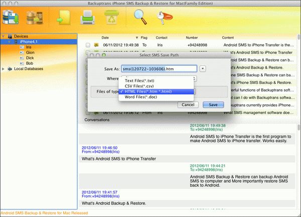 export iPhone SMS to file to save on Mac