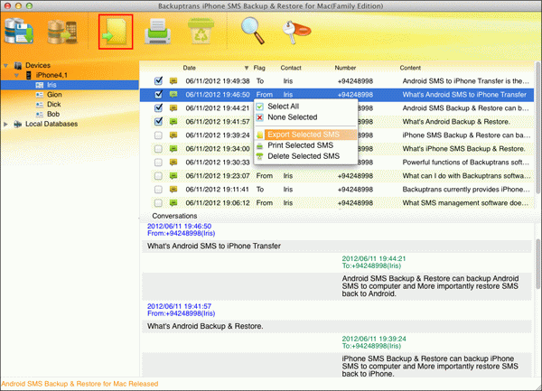 export selected iPhone SMS to file on Mac