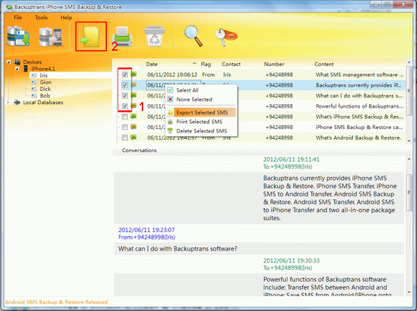 export selected iPhone SMS to document file