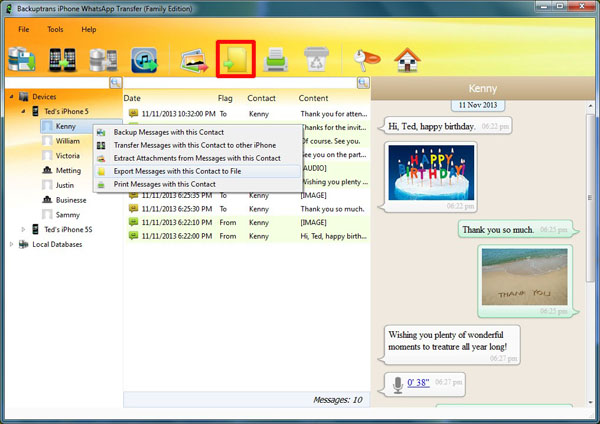 Export WhatsApp Messages with a single contact from iPhone