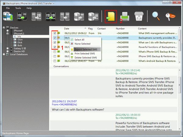 Export and save selected SMS messages from iPhone to file