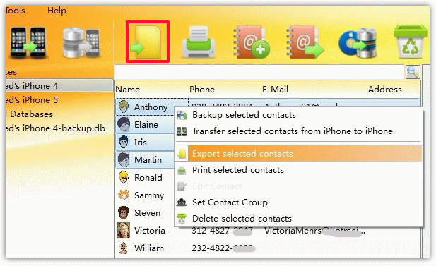 Export selected iPhone Contacts to CSV, vCard, HTML, PDF