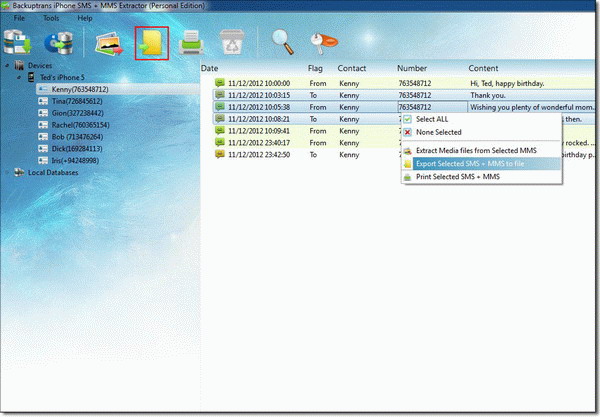 export selected iPhone SMS & MMS to PDF, CSV, TXT or HTML
