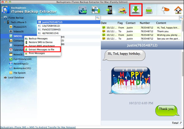 Extract SMS messages/contacts/notes/calendar events/safari bookmarks From iTunes Backup on Mac