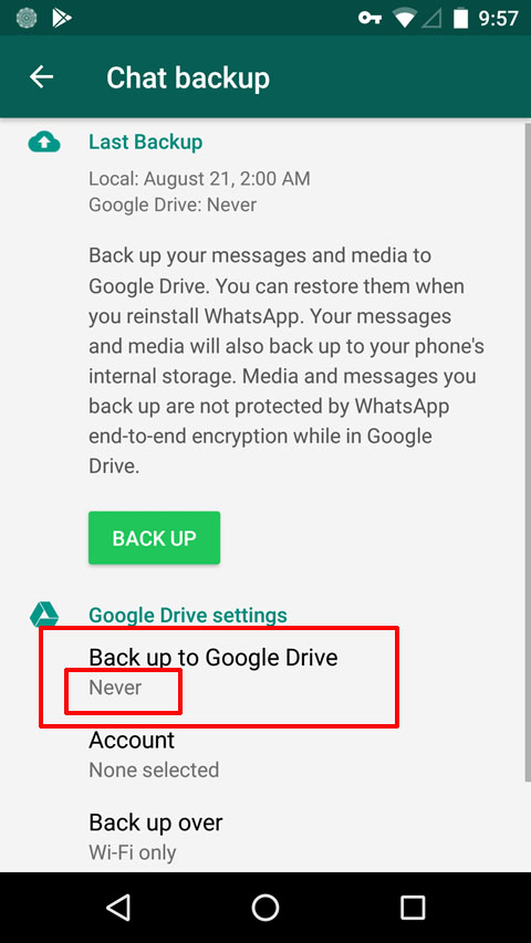 Disconnect WhatsApp Messenger from Google Drive