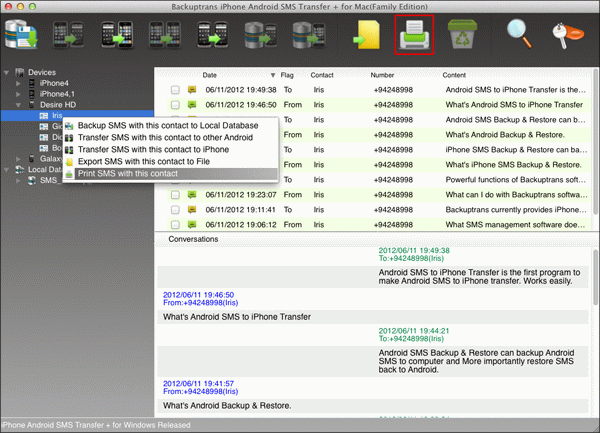 Print Android SMS messages with a single contact on Mac