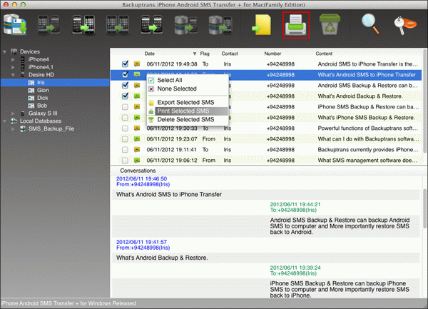 Print selected Android SMS messages on Mac