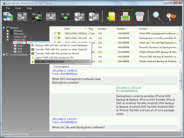 Print Android SMS messages with a single contact in conversations on PC