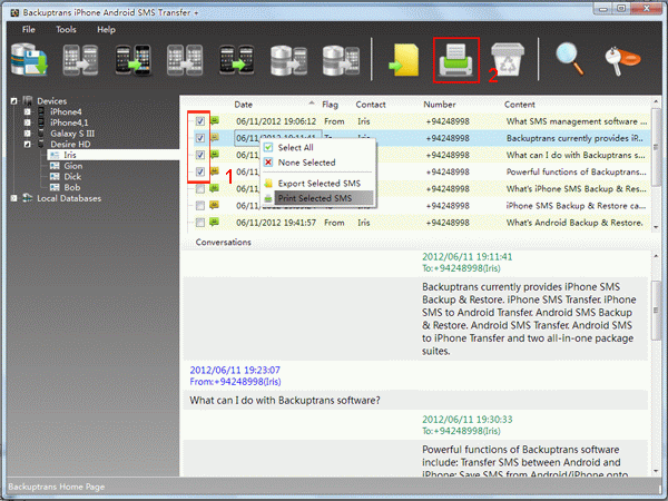 Print selected Android SMS messages in conversations on PC