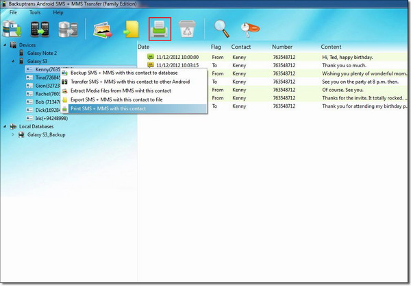 print Android SMS and MMS with single contact on computer