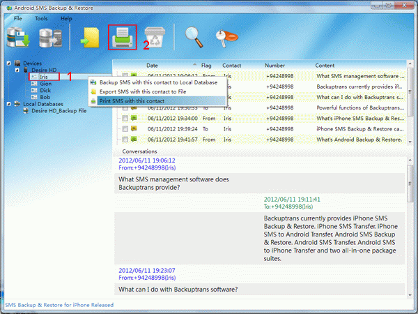 print Android SMS with a single contact on computer