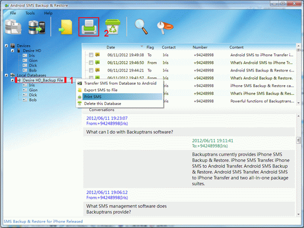 print Android SMS on computer from database